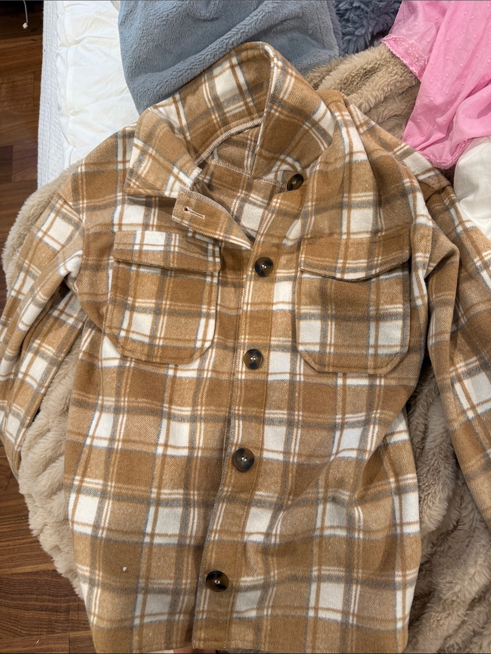 Avec Les Filles Tan and White Plaid Button-Front Jacket